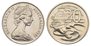 Австралия 20 центов 1981 Елизавета II (1952-2022), утконос KM 66 медно-никель UNC 4379-213
