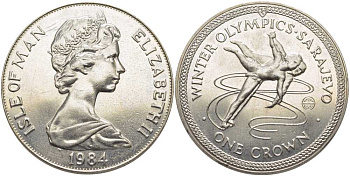 Остров Мэн 1 крона 1984 Зимние Олимпийские игры 1984 года в Сараево, парное фигурное катание KM 117 медно-никель UNC 107-711