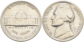 США 5 ЦЕНТОВ 1988 P, ДЖЕФФЕРСОН KM A192 медно-никель 214-713