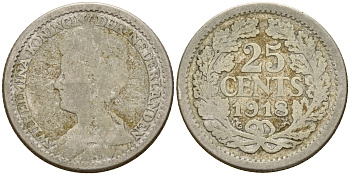 Нидерланды 25 центов 1918 Вильгельмина I (1890-1948) KM 146 серебро    4189-164