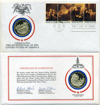 США МЕДАЛЬ 1976 КОНВЕРТ ПЕРВОГО ДНЯ, МЕДАЛЬ 4 ИЮЛЯ, 200 ЛЕТ НЕЗАВИСИМОСТИ, В КОНВЕРТЕ С МАРКАМИ И ГАШЕНИЕМ, В ОРИГИНАЛЬНОЙ УПАКОВКЕ UNC 06-081-38