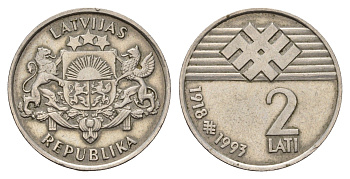 Латвия 2 лата 1993 75 лет Латвийской республике KM 18 медно-никель 4666-412