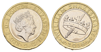 Великобритания 2 фунта 2016 400 лет со дня смерти Уильяма Шекспира. История KM 1384 биметалл UNC 4120-625