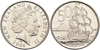 Новая Зеландия 50 центов 2006 Елизавета II (1952-2022), парусник Индевор KM 119а никелированная сталь 4579-1053