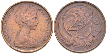 АВСТРАЛИЯ 2 ЦЕНТА 1967 ЕЛИЗАВЕТА II, МОЛОДОЙ ПОРТРЕТ, ПЛАЩЕНОСНАЯ ЯЩЕРИЦА (FRILLED LIZARD) KM 63 бронза 77-726
