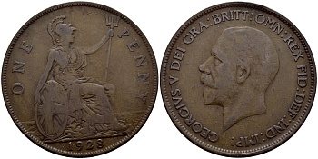 Великобритания 1 пенни 1928 Георг V (1910-1936) КМ 826, Spink 4054 бронза 4389-1132