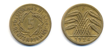 ГЕРМАНИЯ 5 РЕНТЕНПФЕННИГОВ 1924 F, KM 32, J. 308 алюминиевая бронза 35-427