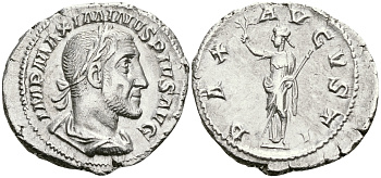 Римская Империя денарий 235 - 236 Максимин Фракиец PAX AVGVSTI Пация, персонификация Мира Рим Good Very fine RIC 12 серебро 00-00-00