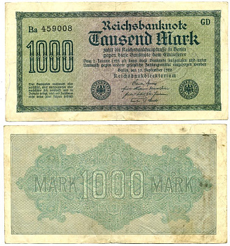 ГЕРМАНИЯ 1000 МАРОК 1922 15 СЕНТЯБРЯ 1922, ВОДЯНОЙ ЗНАК E, БЕЛАЯ БУМАГА Pick 76a бумага 7548-57-3