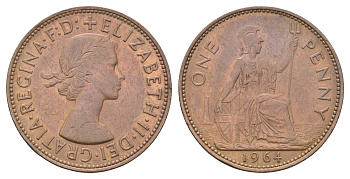 Великобритания 1 пенни 1964 Елизавета II (1952-2022) KM 897, Spink 4157 бронза 4526-312