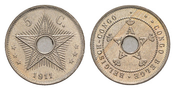 Бельгийское Конго 5 сантимов 1911 Альберт I (1909-1934) KM 17 медно-никель UNC 1519-531