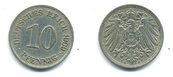 ГЕРМАНИЯ 10 ПФЕННИГОВ 1909 E KM 12, J. 13 медно-никель 4379-838