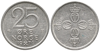 НОРВЕГИЯ 25 ЭРЕ 1976 УЛАФ V (1957-1991) KM 417 медно-никель 100-1163