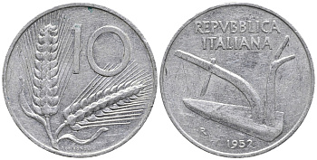ИТАЛИЯ 10 ЛИР 1952 R, ПЛУГ KM 93 алюминий 34-1243