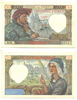 ФРАНЦИЯ 50 ФРАНКОВ 1940 26 СЕНТЯБРЯ 1940, ЖАК КЁР Pick 93 бумага 3295-25-1-1