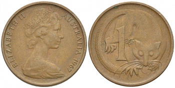 Австралия 1 цент 1967 Елизавета II (1953-), молодой портрет, опоссум КМ 62 бронза 4532-515