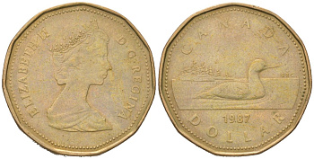 Канада 1 доллар 1987 Елизавета II (1952-2022), утка KM 157 никель плакированный алюминиевой бронзой 190-725