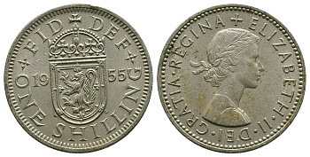 Великобритания 1 шиллинг 1955 Елизавета II (1952-2022), Шотландский герб KM 905, Spink 4148 медно-никель 4384-554