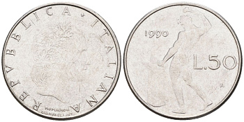 Италия 50 лир 1990 R, бог огня Вулкан у наковальни KM 95.2 нержавеющая сталь 4549-647