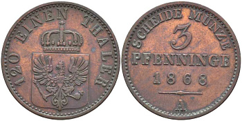 ПРУССИЯ 3 ПФЕННИГА 1868 А, ВИЛЬГЕЛЬМ I (1861-1888) KM 482 медь 117-1123
