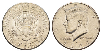 США 1/2 доллара (50 центов) 2000 P, Джон Кеннеди KM A202b медь плакированная медно-никелем aUNC 4517-933