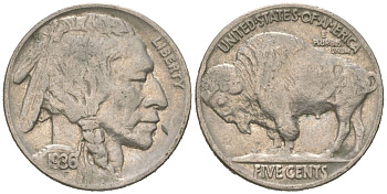 США 5 центов 1936 индеец, бизон KM 134 медно-никель 4614-1237