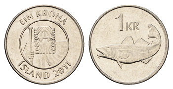 Исландия 1 крона 2011 треска KM 27a сталь плакированная никелем UNC 4691-625