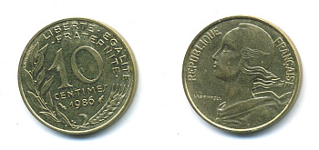 ФРАНЦИЯ 10 САНТИМОВ 1986 ТИП MARIANNE KM 929 медь алюминий никель 84-1634