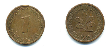 ФРГ 1 ПФЕННИГ 1985 G KM 105, J.380 сталь плакированная медью 23-944