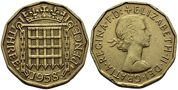 Великобритания 3 пенса 1958 Елизавета II (1952-2022) KM 900, Spink 4153 никель латунь 41-1217