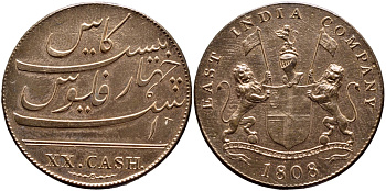 Британская Индия 20 кэш 1808 Британская Ост-Индская компания, Мадрасское президентство KM 321 медь 4044-131