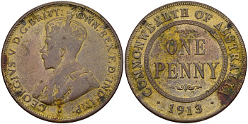 АВСТРАЛИЯ 1 ПЕННИ 1913 ГЕОРГ V, ПОЗОЛОТА KM 23 бронза 82-642