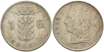 БЕЛЬГИЯ 1 ФРАНК 1955 BELGIE, БОДУЭН I (1951-1993) KM 143.1 медно-никель 119-542
