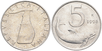 Италия 5 лир 1998 R, дельфин KM 92 алюминий  UNC  4594-965