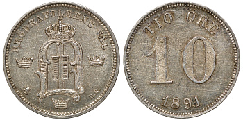 Швеция 10 эре 1891 EB, Оскар II (1872-1907) король Швеции и Норвегии KM 755 серебро aUNC 4179-634