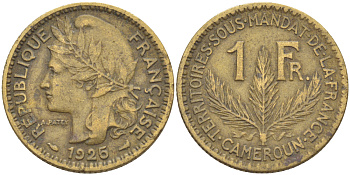 Французский Камерун 1 франк 1925 (а), монетный двор Париж KM 2 алюминиевая бронза 4606-933