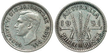 Австралия 3 пенса 1951 m, Георг VI (1937-1952), без букв KM 44 серебро 71-326