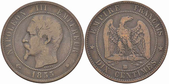 Франция 10 сантимов 1855 BB, Наполеон III (1852-1870) KM 771.3, Le Franc 133.23 бронза    4680-513