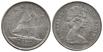 Канада 10 центов 1970 самый редкий год тиража, Елизавета II (1952-2022), парусник KM 77 никель     73-1716