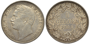 Вюртемберг 1 гульден 1841 Вильгельм I (1816-1864) KM 574, AKS 85, Jaeger 70 серебро 00-00