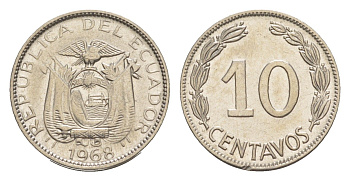 Эквадор 10 сентаво 1968 KM 76c сталь плакированная никелем 4640-1155