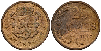 Люксембург 25 сантимов 1947 Шарлотта (1918-1964) KM 45 бронза 4532-747