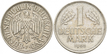 ФРГ 1 МАРКА 1968 F KM 110, J. 385 медно-никель 3718-1132