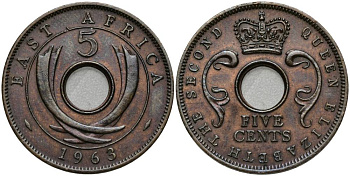 Британская Восточная Африка 5 центов 1963 Елизавета II (1952-) KM 37 бронза 27-1051