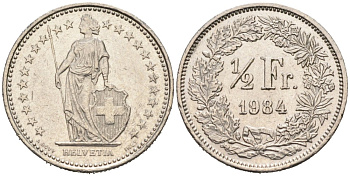 Швейцария 1/2 франка 1984 КМ 23а медно-никель 4567-538