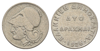 Греция 2 драхмы 1926 Афина в коринфском шлеме, год-тип KM 70 медно-никель 4670-123
