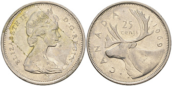 Канада 25 центов 1969 Елизавета II (1952-2022), олень KM 62 b никель 4605-715
