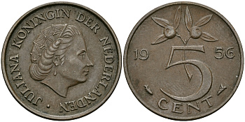 НИДЕРЛАНДЫ 5 ЦЕНТОВ 1956 ЮЛИАНА KM 181 бронза 95-323