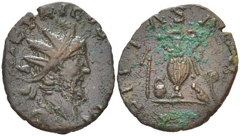 Римская Империя, императоры в Галлии антониниан 271 - 274 Тетрик, IMP C TETRICVS P F AVG, бюст императора / PIETAS AVG, понтификальные атрибуты, Колония Агриппины (Кельн) RIC 110 биллон 1073-20-62