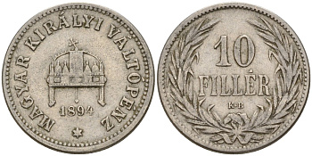 Венгрия 10 филлеров 1894 KB, Франц Иосиф I (1848-1916) KM 482 никель 4151-1051